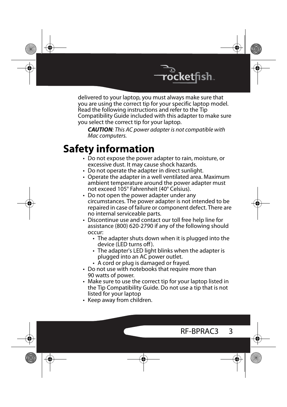 Safety information, 3rf-bprac3 | RocketFish RF-BPRAC3 User Manual | Page 3 / 16