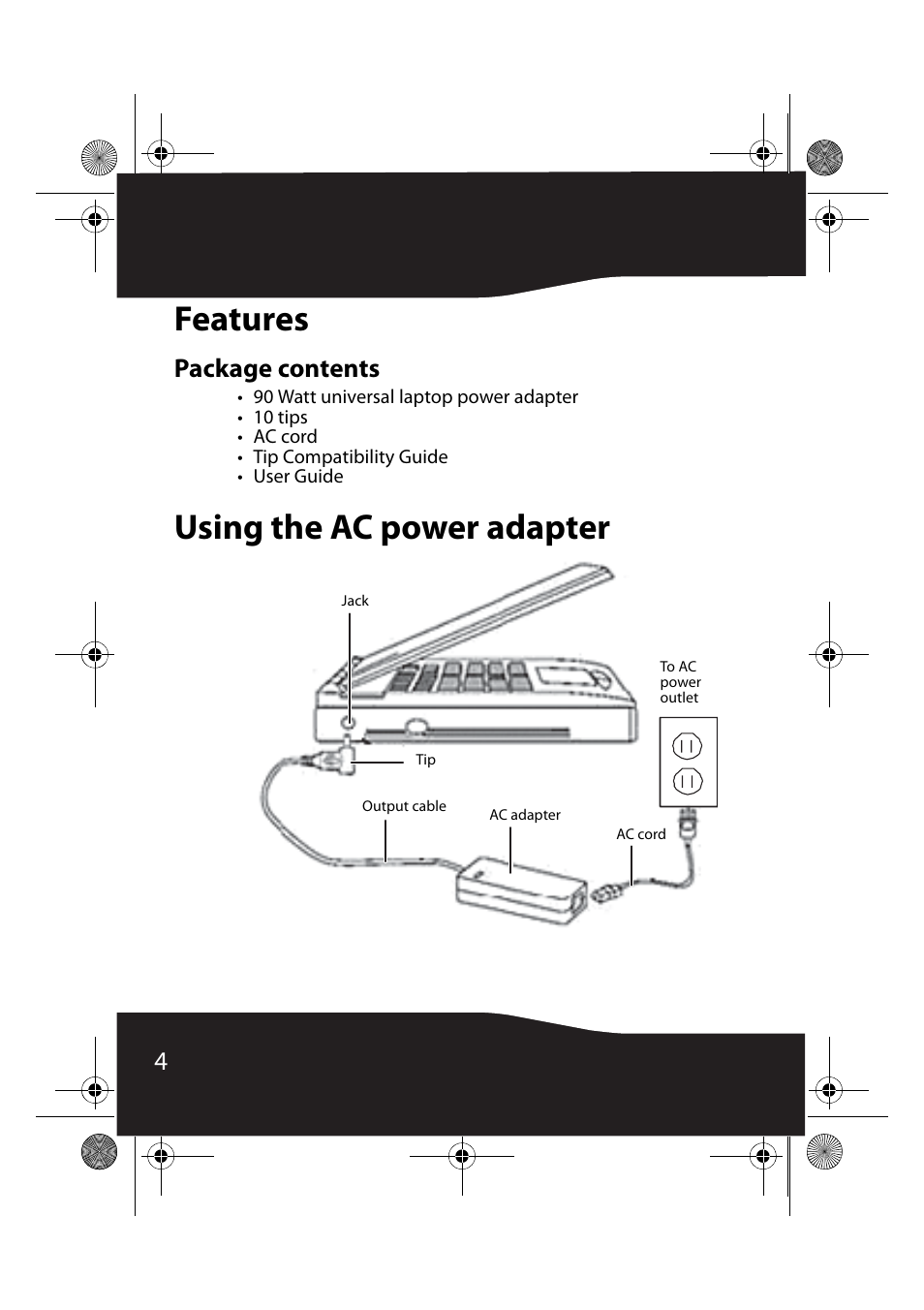 Features, Package contents, Using the ac power adapter | Features using the ac power adapter | RocketFish RF-BPRAC3 User Manual | Page 4 / 16