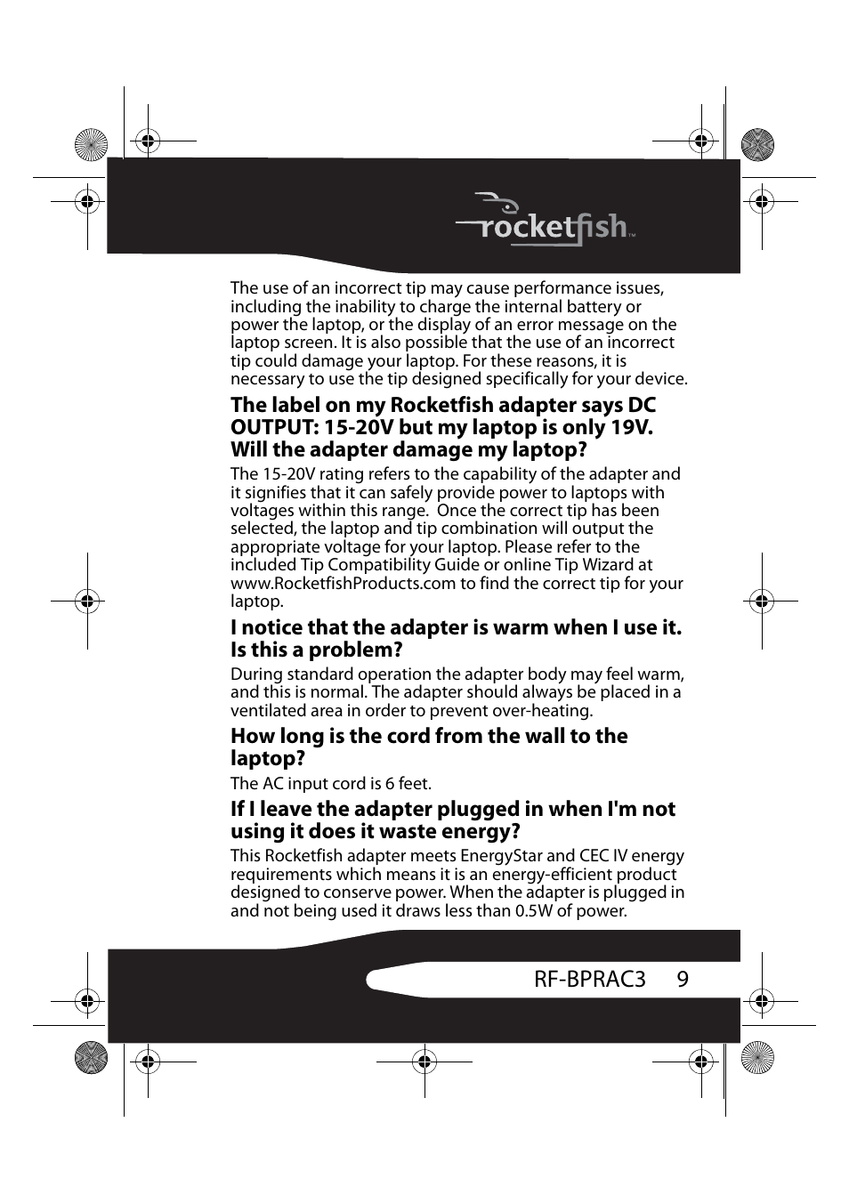 How long is the cord from the wall to the laptop, 9rf-bprac3 | RocketFish RF-BPRAC3 User Manual | Page 9 / 16