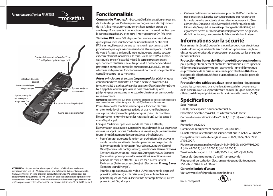 Fonctionnalités, Informations sur la sécurité, Spécifications | RocketFish RF-AVS7ES User Manual | Page 2 / 4