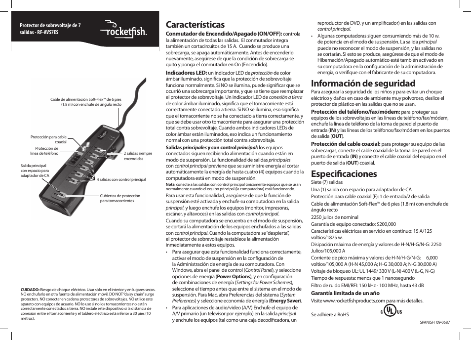 Características, Información de seguridad, Especificaciones | RocketFish RF-AVS7ES User Manual | Page 3 / 4