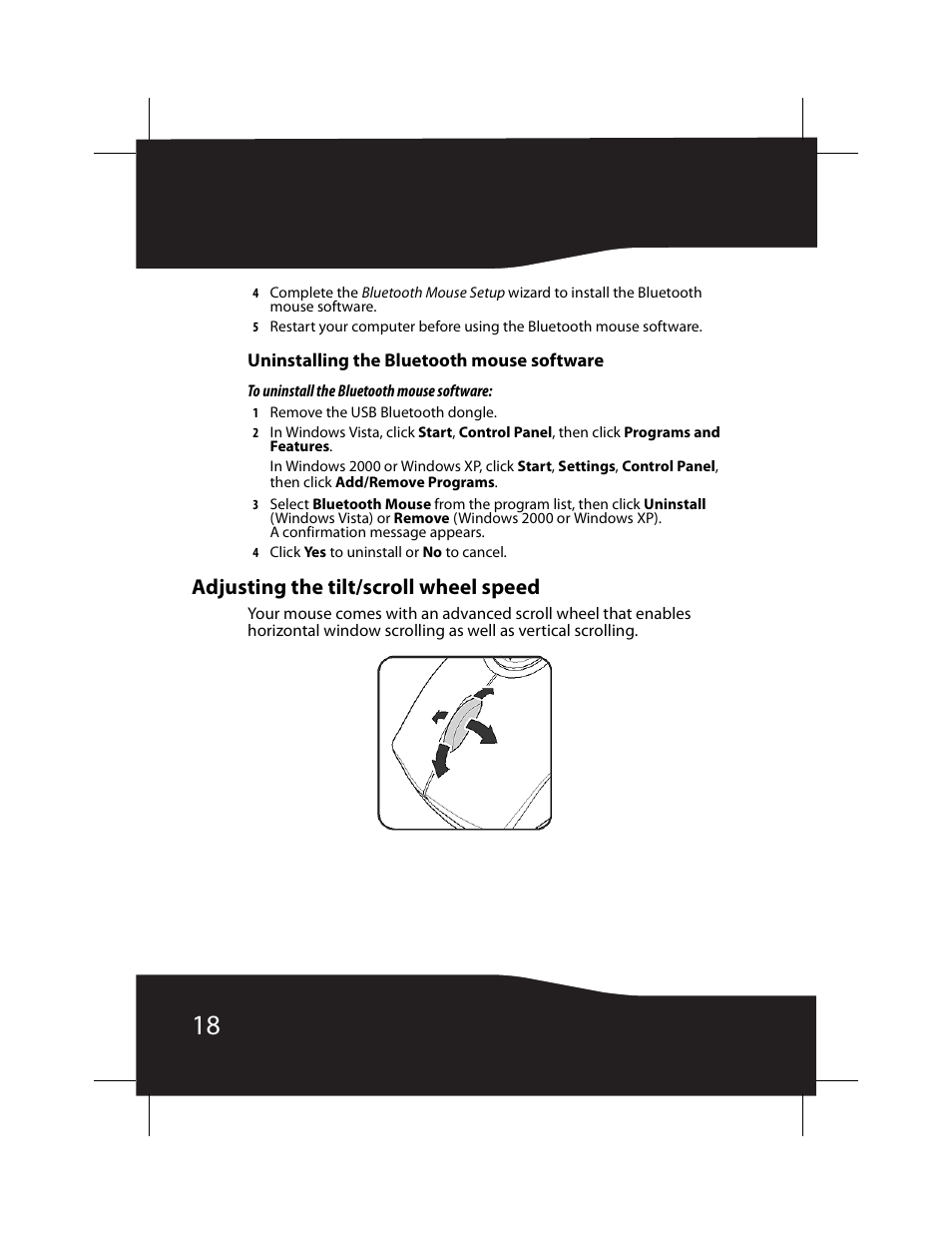 Uninstalling the bluetooth mouse software, Adjusting the tilt/scroll wheel speed | RocketFish RF-BTCMBO User Manual | Page 18 / 86