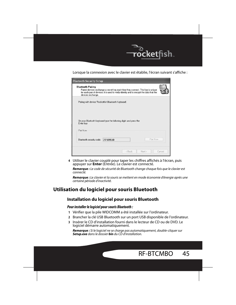 Utilisation du logiciel pour souris bluetooth, Installation du logiciel pour souris bluetooth, 45 rf-btcmbo | RocketFish RF-BTCMBO User Manual | Page 45 / 86