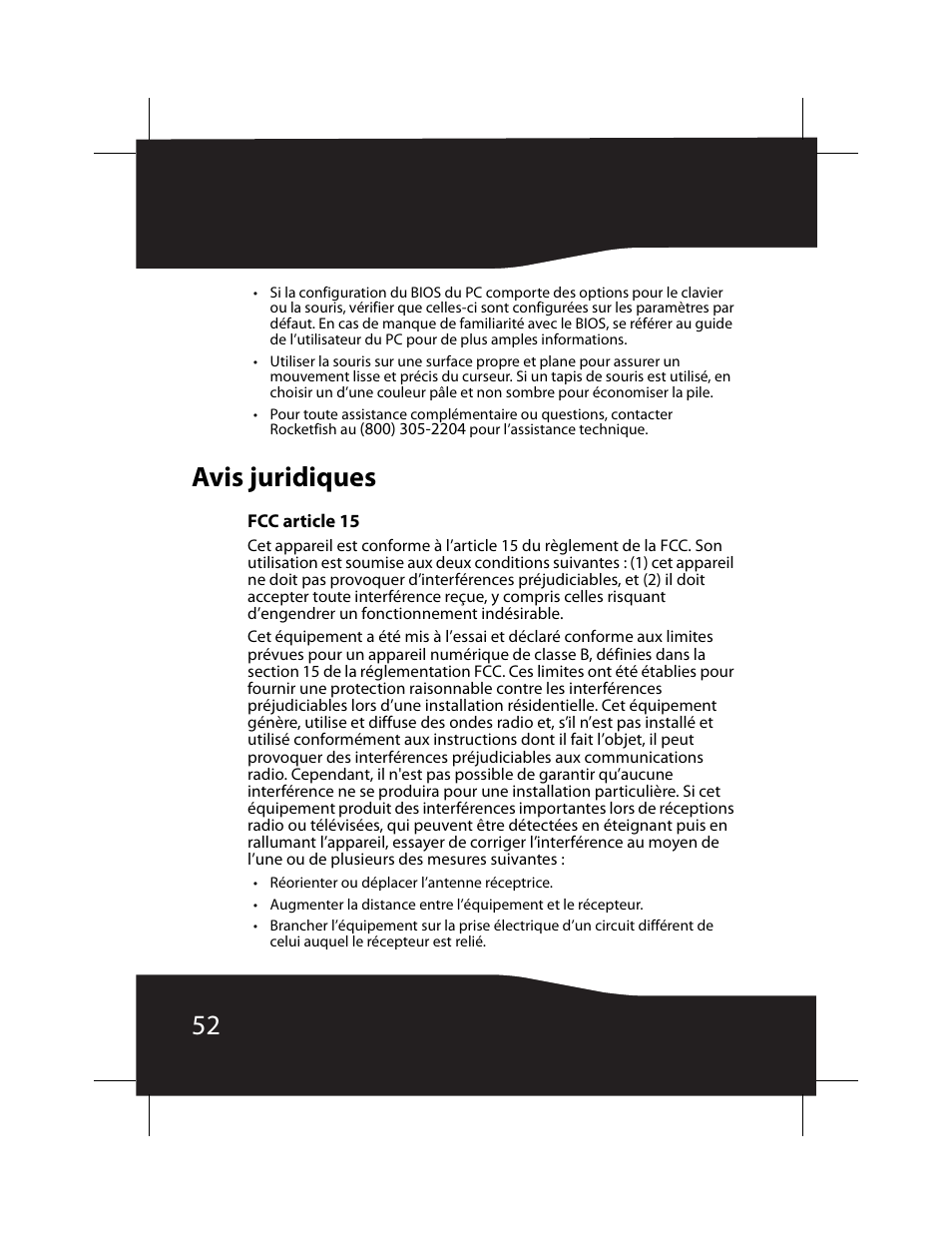 Avis juridiques, Fcc article 15 | RocketFish RF-BTCMBO User Manual | Page 52 / 86