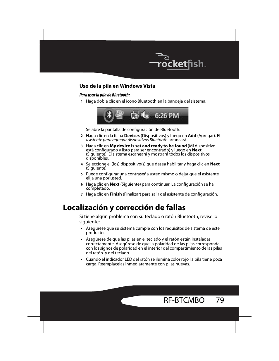 Uso de la pila en windows vista, Localización y corrección de fallas, 79 rf-btcmbo | RocketFish RF-BTCMBO User Manual | Page 79 / 86