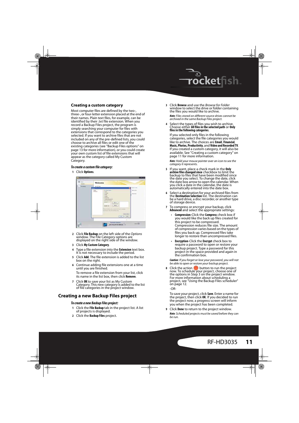 Creating a custom category, Creating a new backup files project | RocketFish RF-HD3035 User Manual | Page 11 / 18