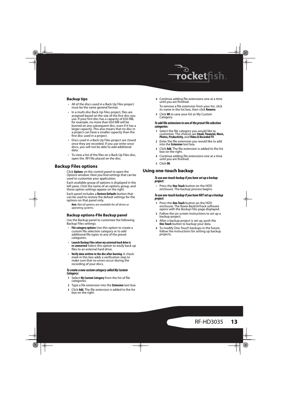 Backup tips, Backup files options, Backup options-file backup panel | Using one-touch backup, Ies (see “backup files options | RocketFish RF-HD3035 User Manual | Page 13 / 18