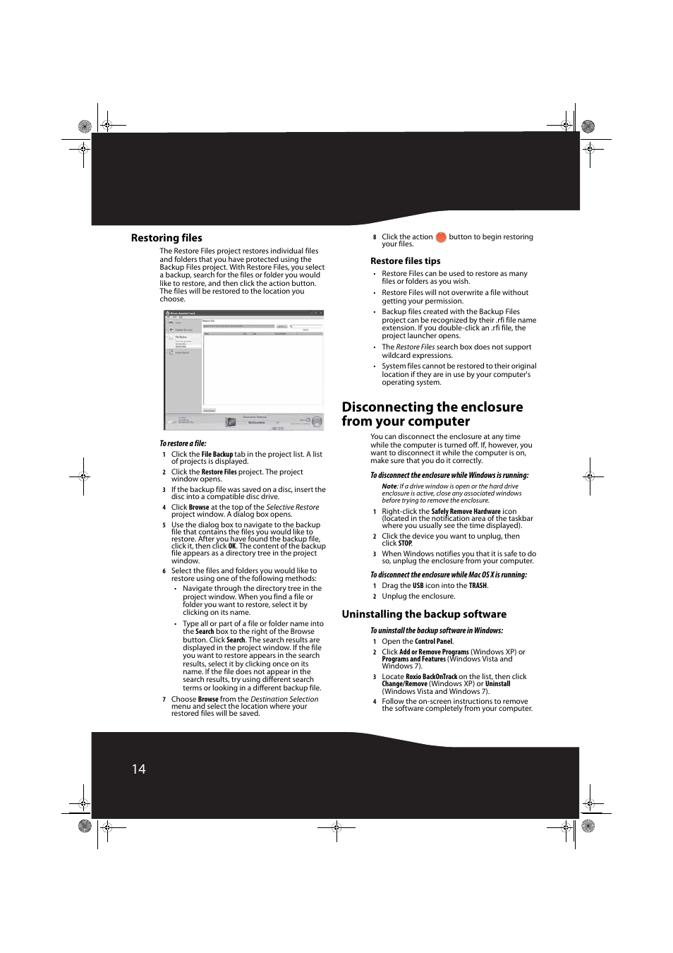 Restoring files, Restore files tips, Disconnecting the enclosure from your computer | Uninstalling the backup software | RocketFish RF-HD3035 User Manual | Page 14 / 18