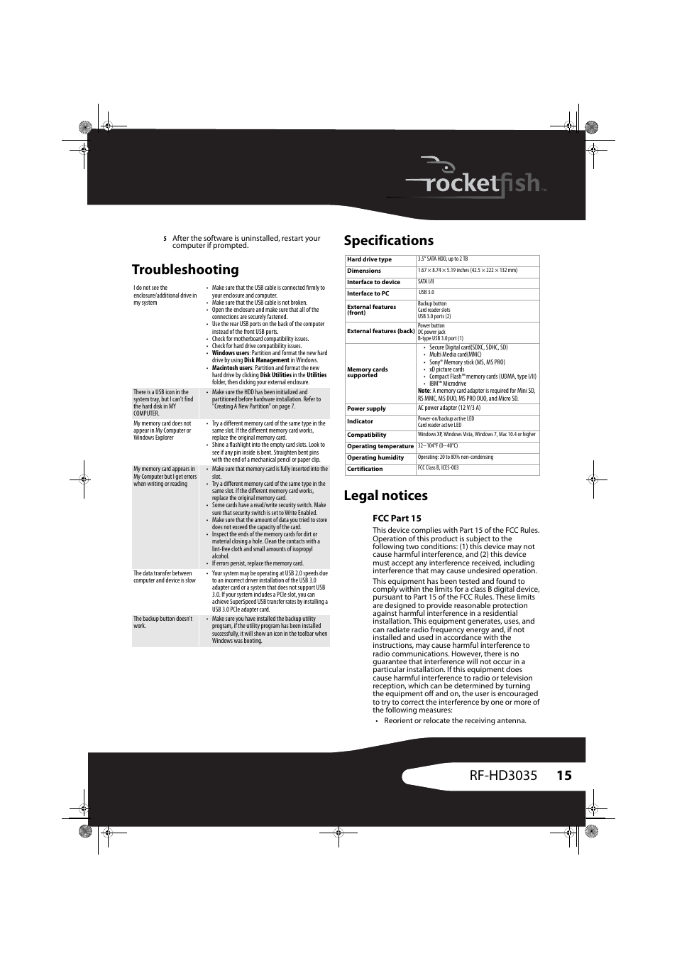 Troubleshooting, Specifications, Legal notices | Fcc part 15, Troubleshooting specifications legal notices | RocketFish RF-HD3035 User Manual | Page 15 / 18