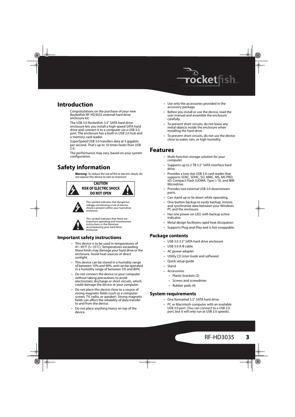 Introduction, Safety information, Important safety instructions | Features, Package contents, System requirements, Package contents system requirements | RocketFish RF-HD3035 User Manual | Page 3 / 18