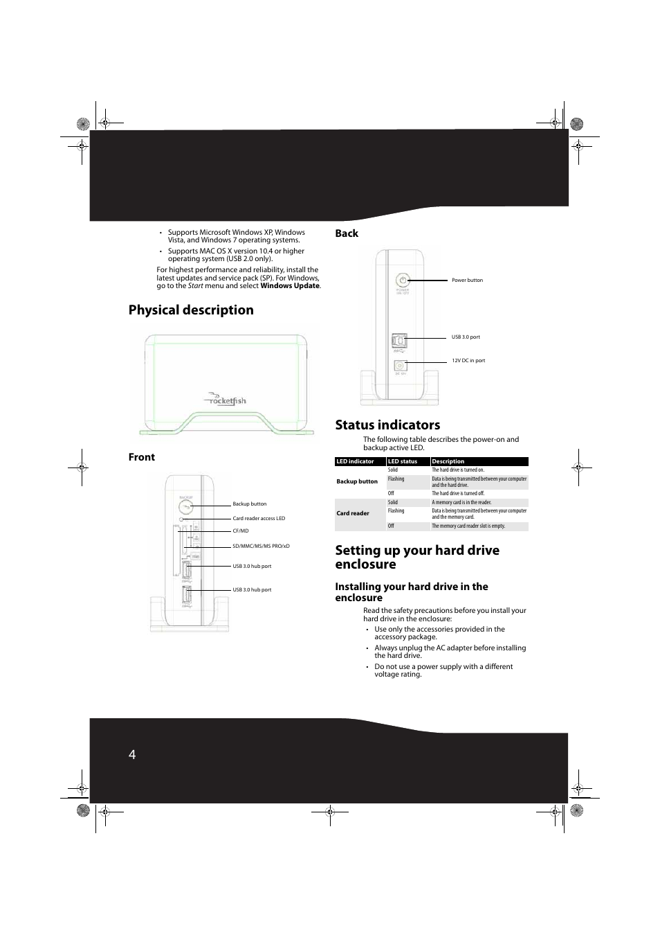 Physical description, Front, Back | Status indicators, Setting up your hard drive enclosure, Installing your hard drive in the enclosure, Front back | RocketFish RF-HD3035 User Manual | Page 4 / 18