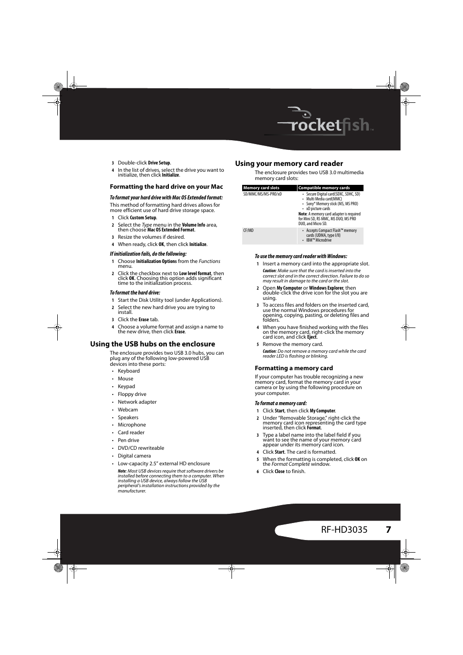 Formatting the hard drive on your mac, Using the usb hubs on the enclosure, Using your memory card reader | Formatting a memory card | RocketFish RF-HD3035 User Manual | Page 7 / 18