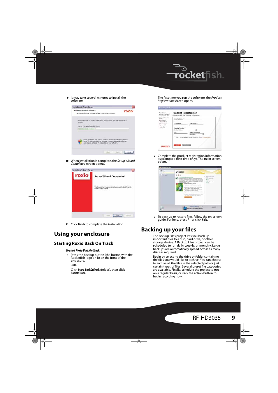 Using your enclosure, Starting roxio back on track, Backing up your files | RocketFish RF-HD3035 User Manual | Page 9 / 18