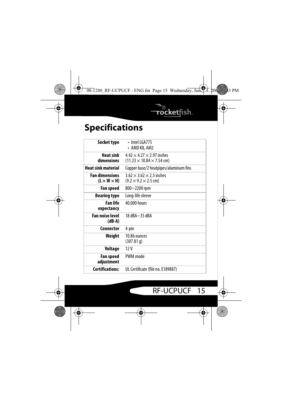 Specifications, 15 rf-ucpucf | RocketFish RF-UCPUCF User Manual | Page 15 / 24