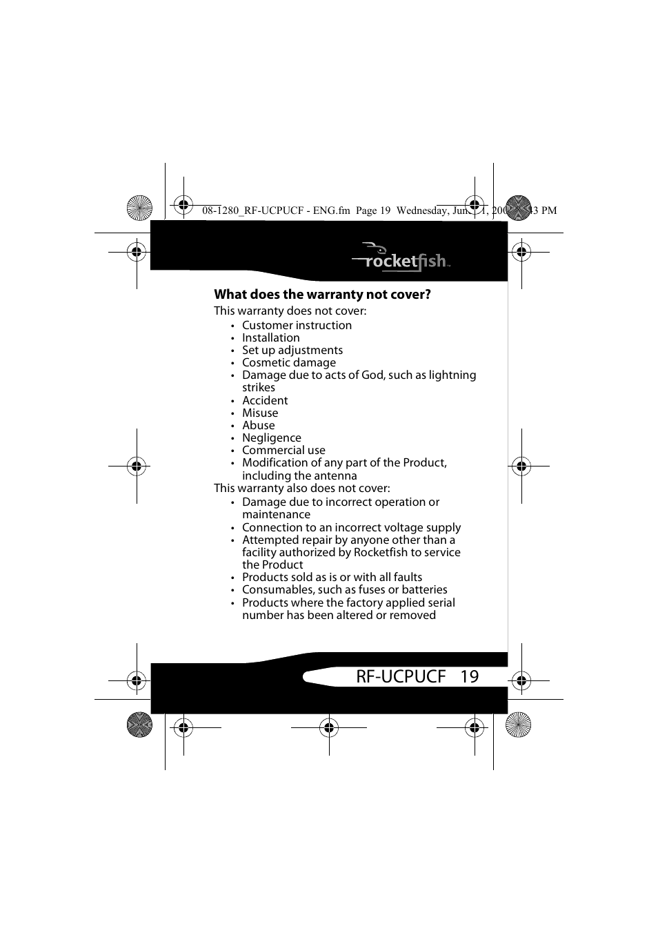What does the warranty not cover, 19 rf-ucpucf | RocketFish RF-UCPUCF User Manual | Page 19 / 24