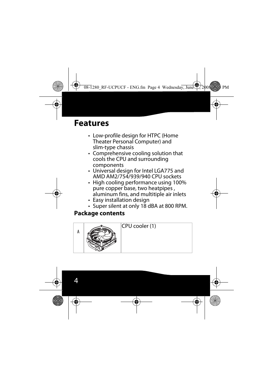 Features, Package contents | RocketFish RF-UCPUCF User Manual | Page 4 / 24