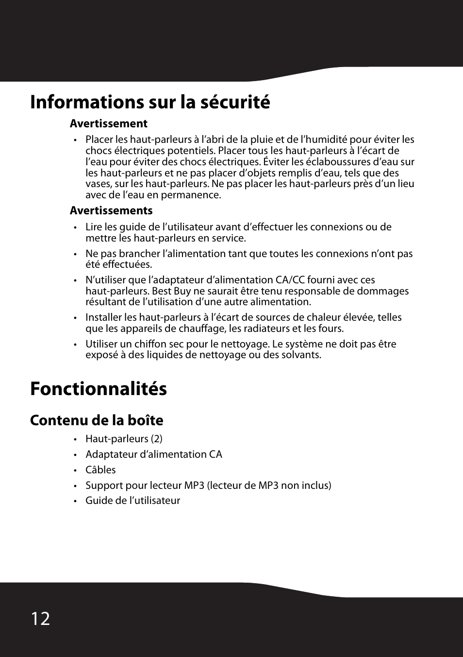 Informations sur la sécurité, Fonctionnalités, Contenu de la boîte | Informations sur la sécurité fonctionnalités, 12 informations sur la sécurité | RocketFish RF-2990 User Manual | Page 14 / 34