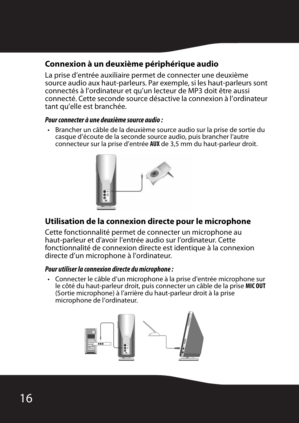 Connexion à un deuxième périphérique audio, Pour connecter à une deuxième source audio, Pour utiliser la connexion directe du microphone | RocketFish RF-2990 User Manual | Page 18 / 34