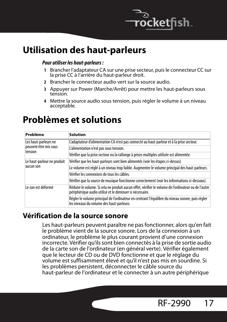 Utilisation des haut-parleurs, Pour utiliser les haut-parleurs, Problèmes et solutions | Vérification de la source sonore | RocketFish RF-2990 User Manual | Page 19 / 34