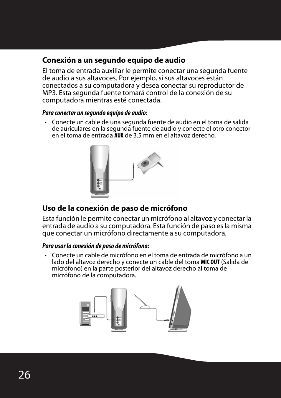 Conexión a un segundo equipo de audio, Para conectar un segundo equipo de audio, Uso de la conexión de paso de micrófono | Para usar la conexión de paso de micrófono | RocketFish RF-2990 User Manual | Page 28 / 34