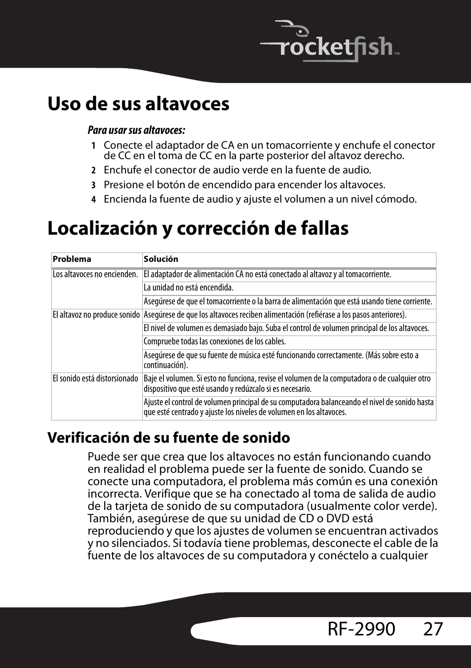 Uso de sus altavoces, Para usar sus altavoces, Localización y corrección de fallas | Verificación de su fuente de sonido | RocketFish RF-2990 User Manual | Page 29 / 34