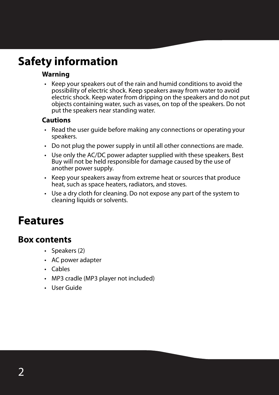 Safety information, Features, Box contents | Safety information features, 2safety information | RocketFish RF-2990 User Manual | Page 4 / 34
