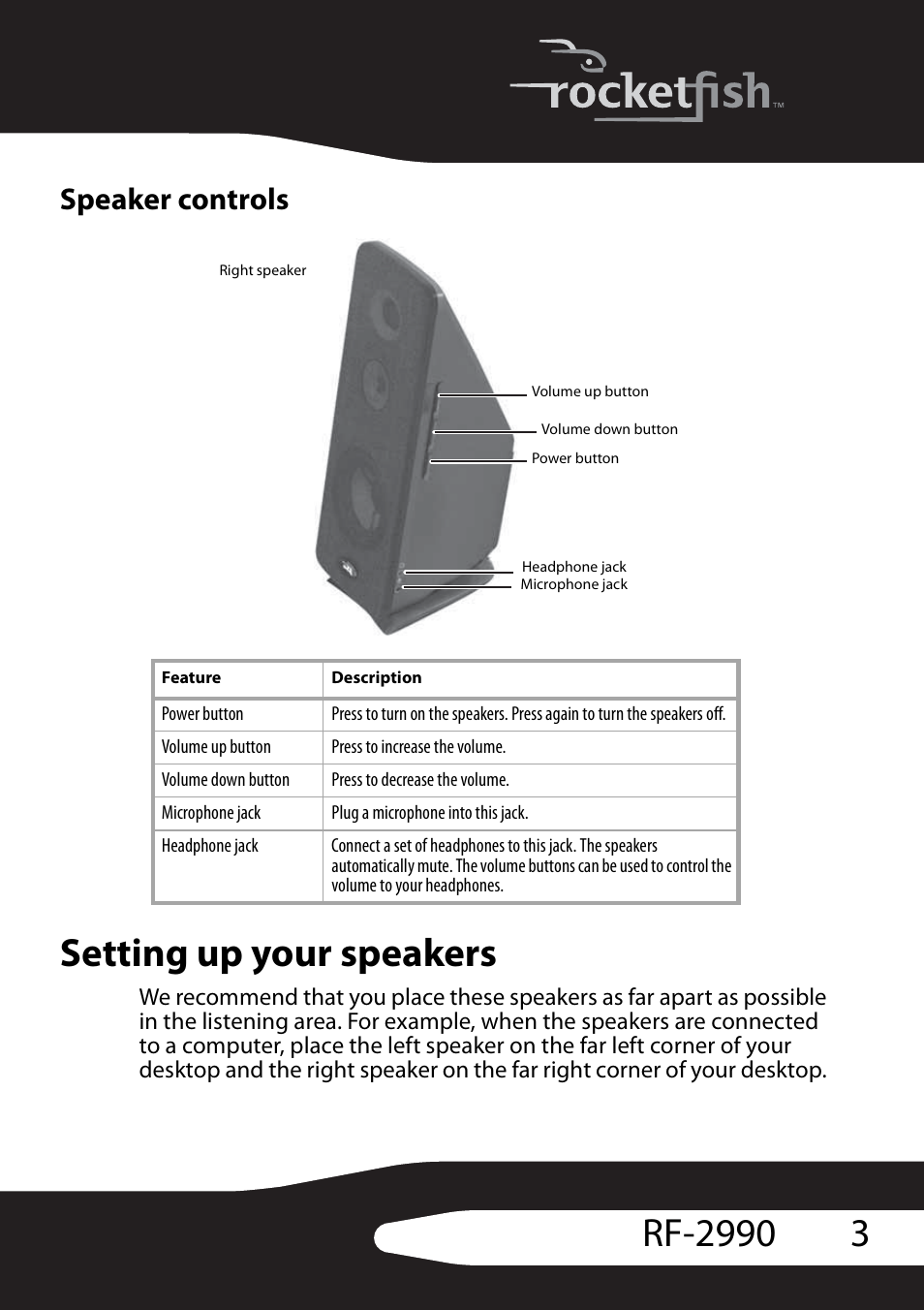 Speaker controls, Setting up your speakers | RocketFish RF-2990 User Manual | Page 5 / 34
