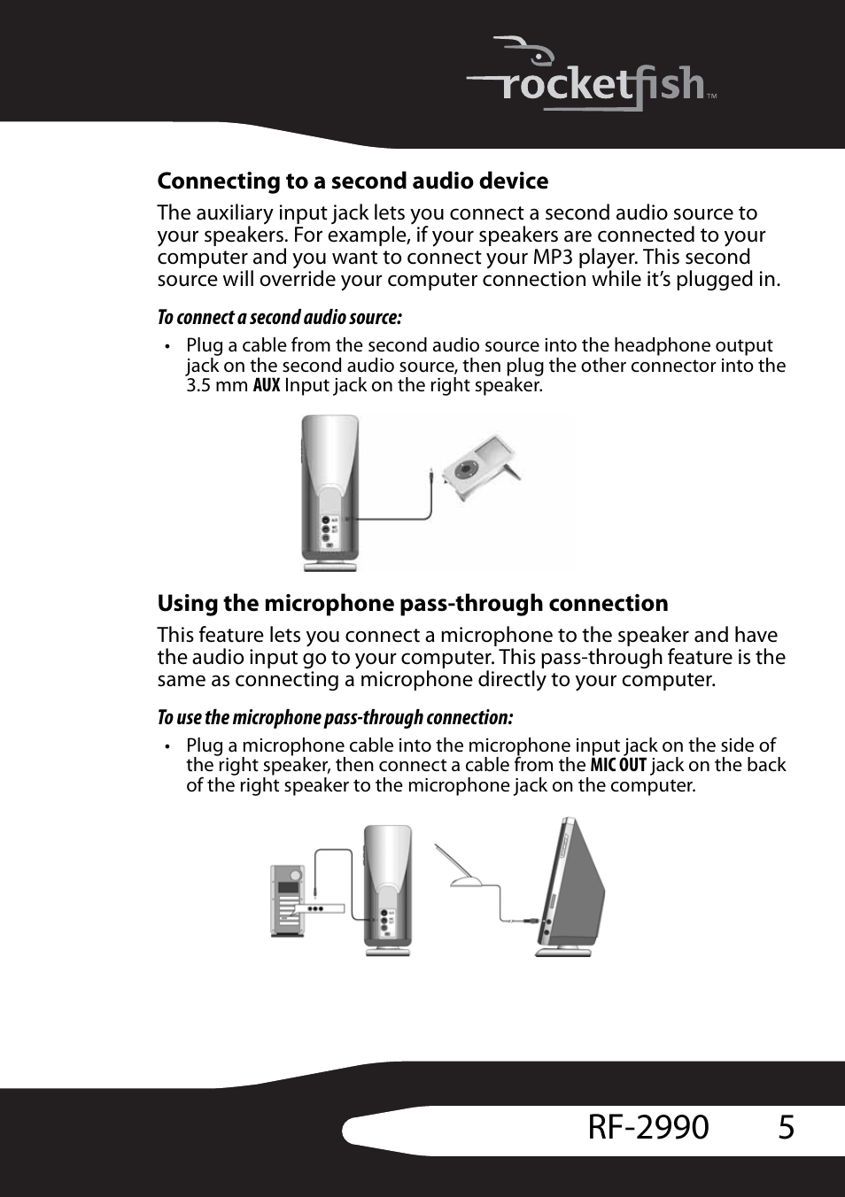 Connecting to a second audio device, To connect a second audio source, Using the microphone pass-through connection | To use the microphone pass-through connection | RocketFish RF-2990 User Manual | Page 7 / 34