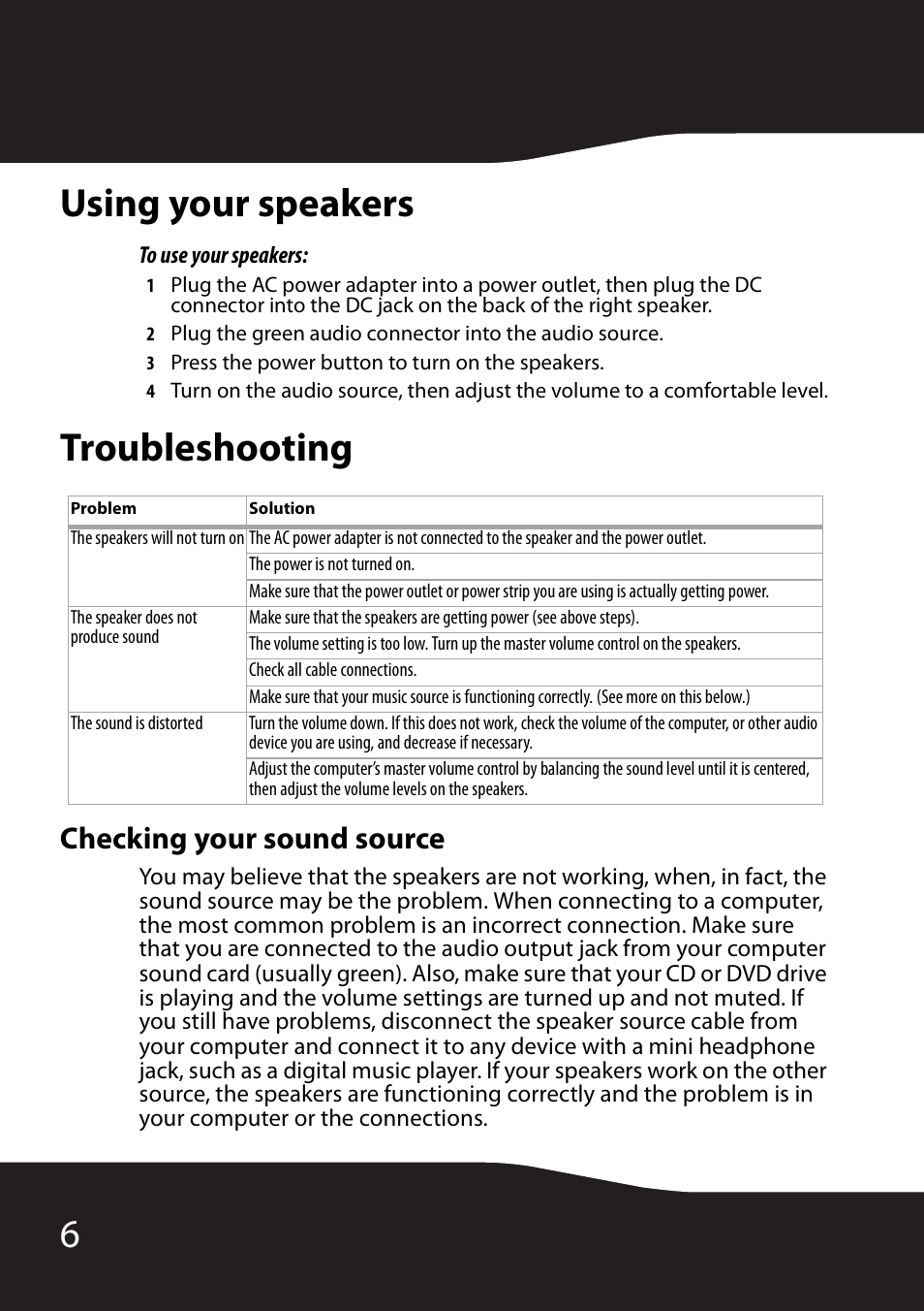 Using your speakers, To use your speakers, Troubleshooting | Checking your sound source, Using your speakers troubleshooting, 6using your speakers | RocketFish RF-2990 User Manual | Page 8 / 34