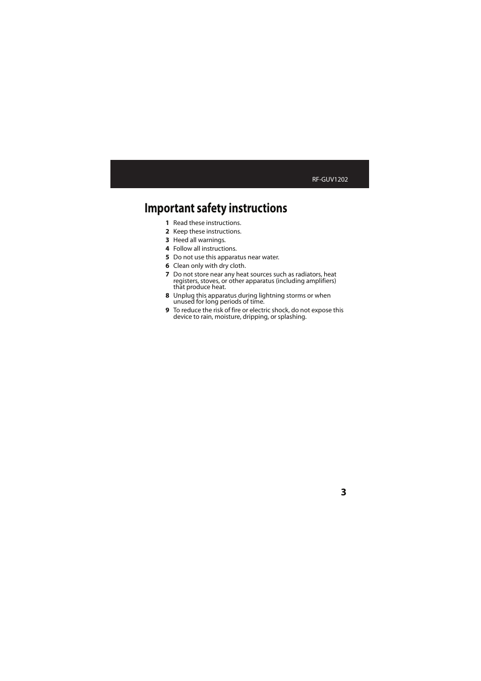 Important safety instructions | RocketFish RF-GUV1202 User Manual | Page 3 / 36
