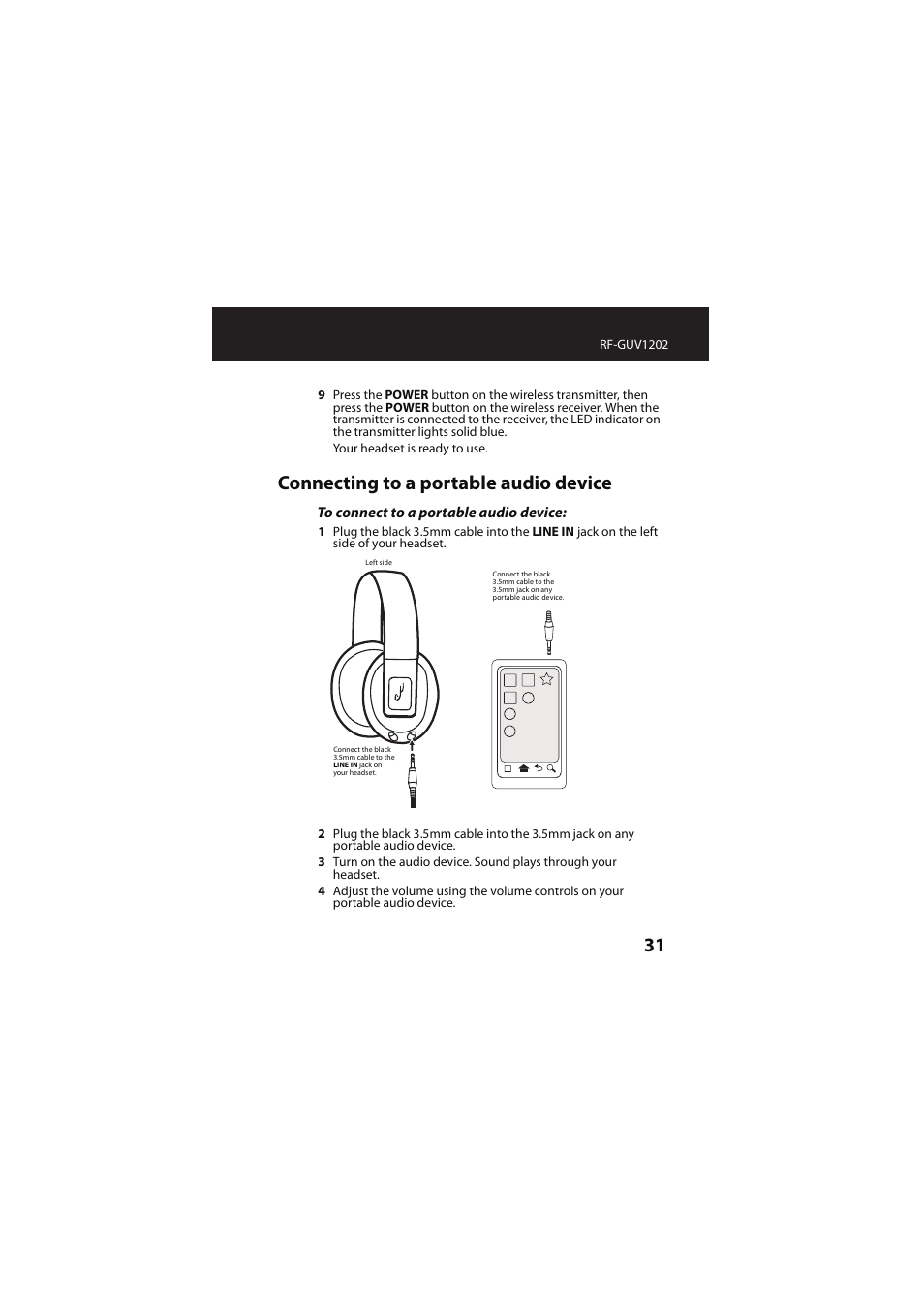 Connecting to a portable audio device | RocketFish RF-GUV1202 User Manual | Page 31 / 36