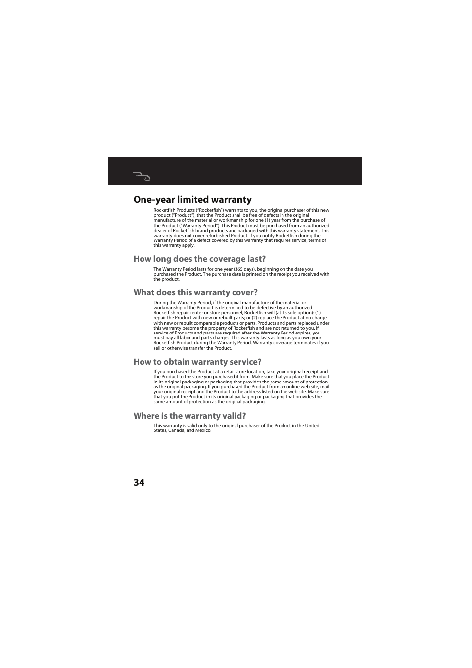 One-year limited warranty, How long does the coverage last, What does this warranty cover | How to obtain warranty service, Where is the warranty valid, 34 one-year limited warranty | RocketFish RF-GUV1202 User Manual | Page 34 / 36