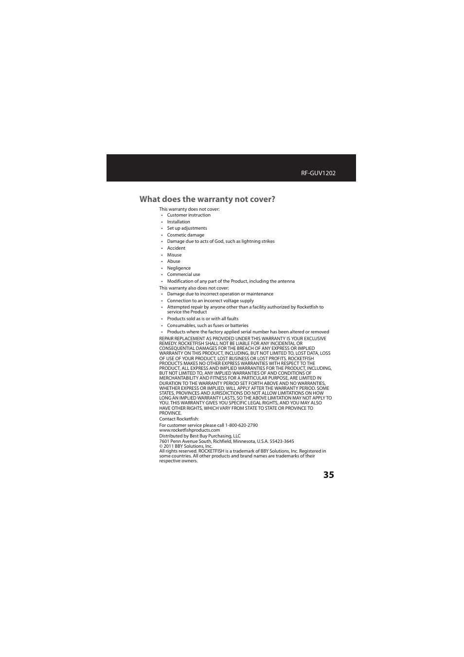 What does the warranty not cover | RocketFish RF-GUV1202 User Manual | Page 35 / 36
