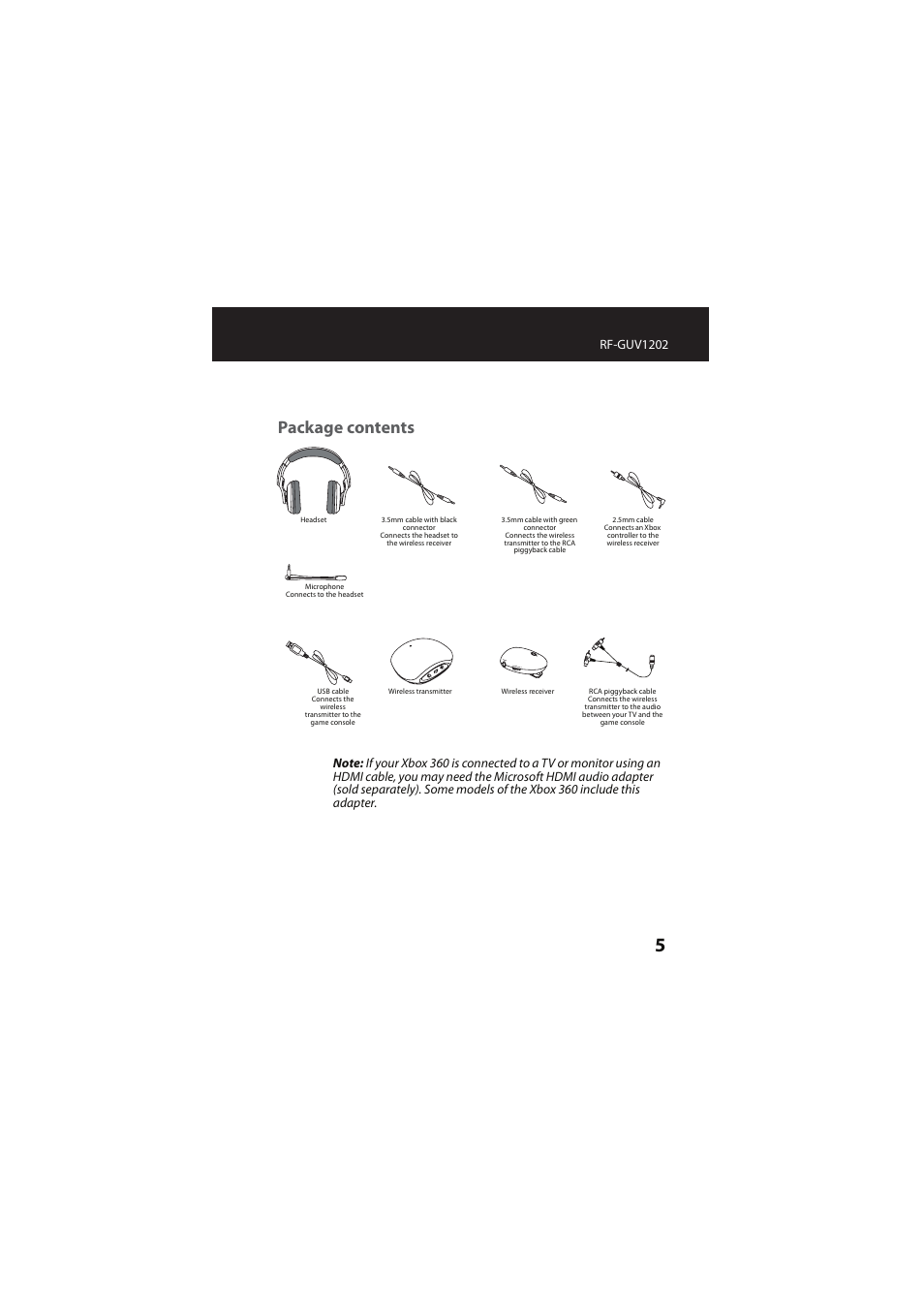 Package contents, Chat vol+ pwr mute line in usb power, Rf-guv1202 | RocketFish RF-GUV1202 User Manual | Page 5 / 36