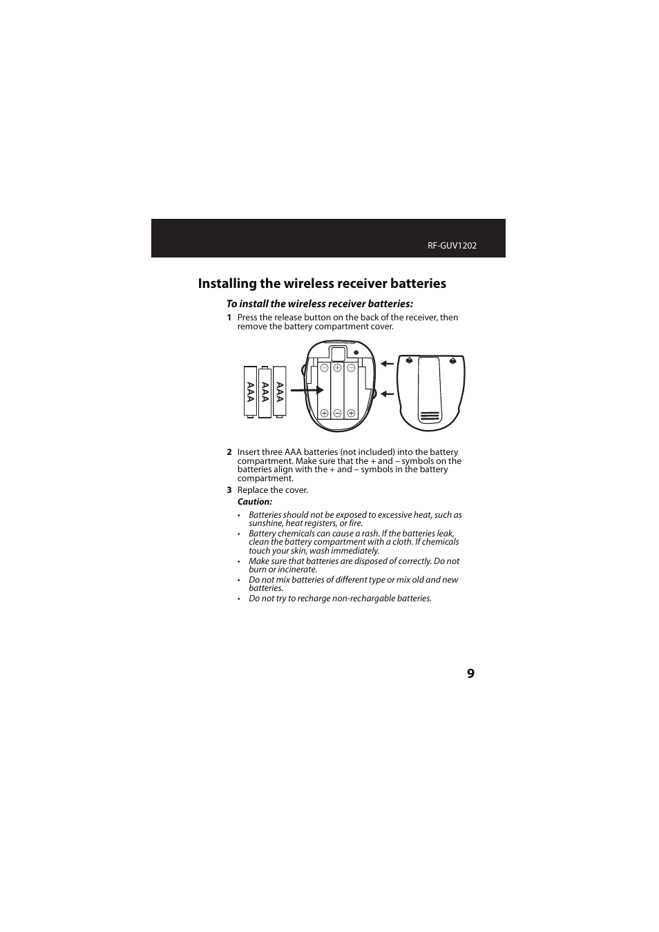 Installing the wireless receiver batteries | RocketFish RF-GUV1202 User Manual | Page 9 / 36