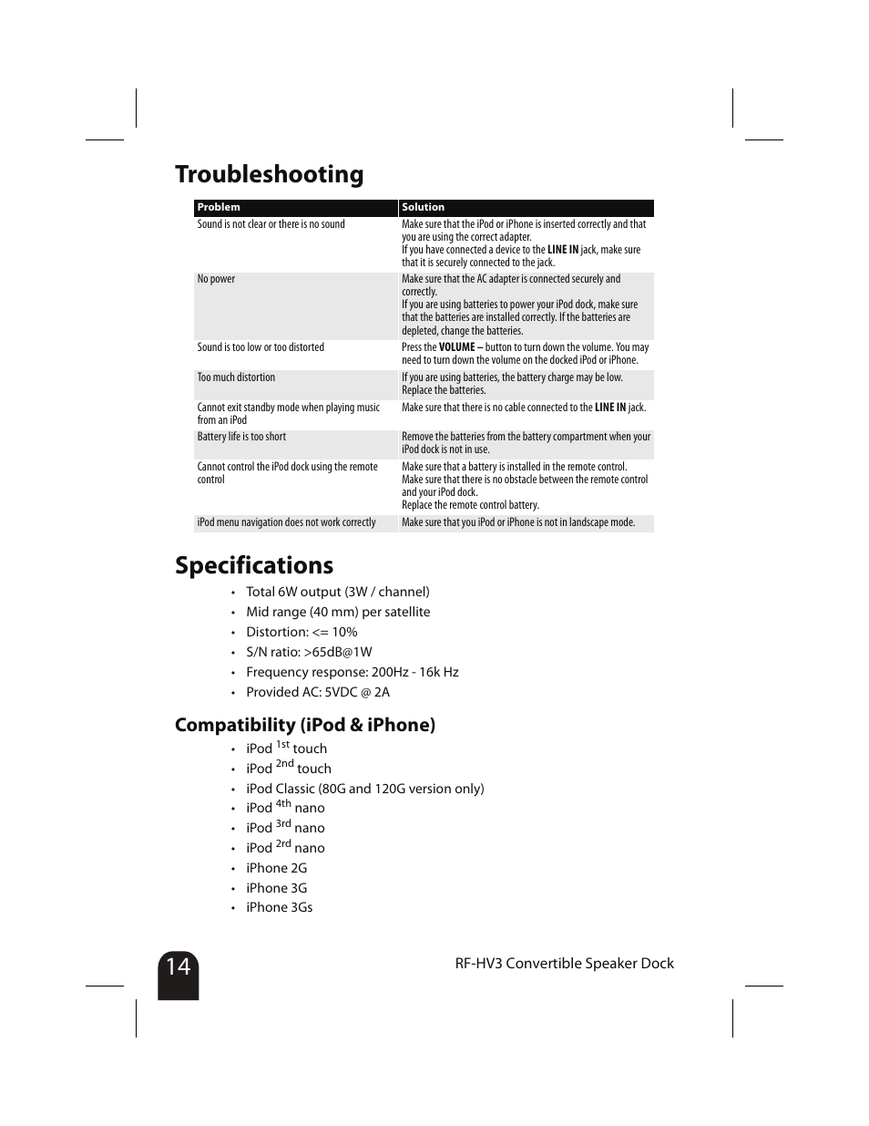 Troubleshooting, Specifications, Compatibility (ipod & iphone) | Troubleshooting specifications | RocketFish RF-HV3 User Manual | Page 14 / 18