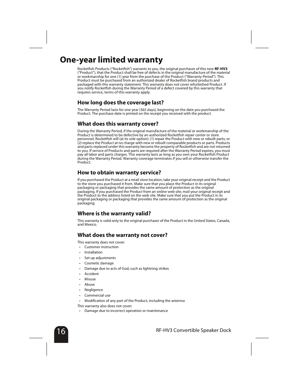 One-year limited warranty, How long does the coverage last, What does this warranty cover | How to obtain warranty service, Where is the warranty valid, What does the warranty not cover | RocketFish RF-HV3 User Manual | Page 16 / 18