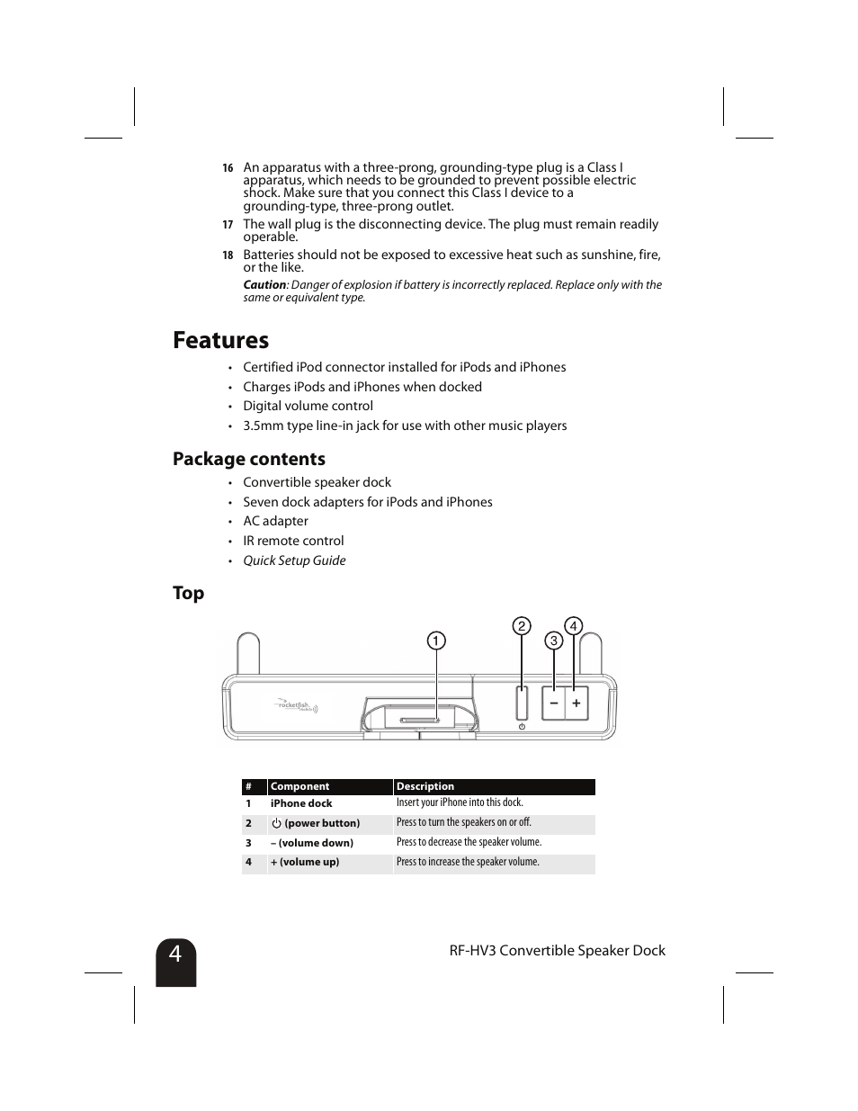 Features, Package contents, Package contents top | RocketFish RF-HV3 User Manual | Page 4 / 18