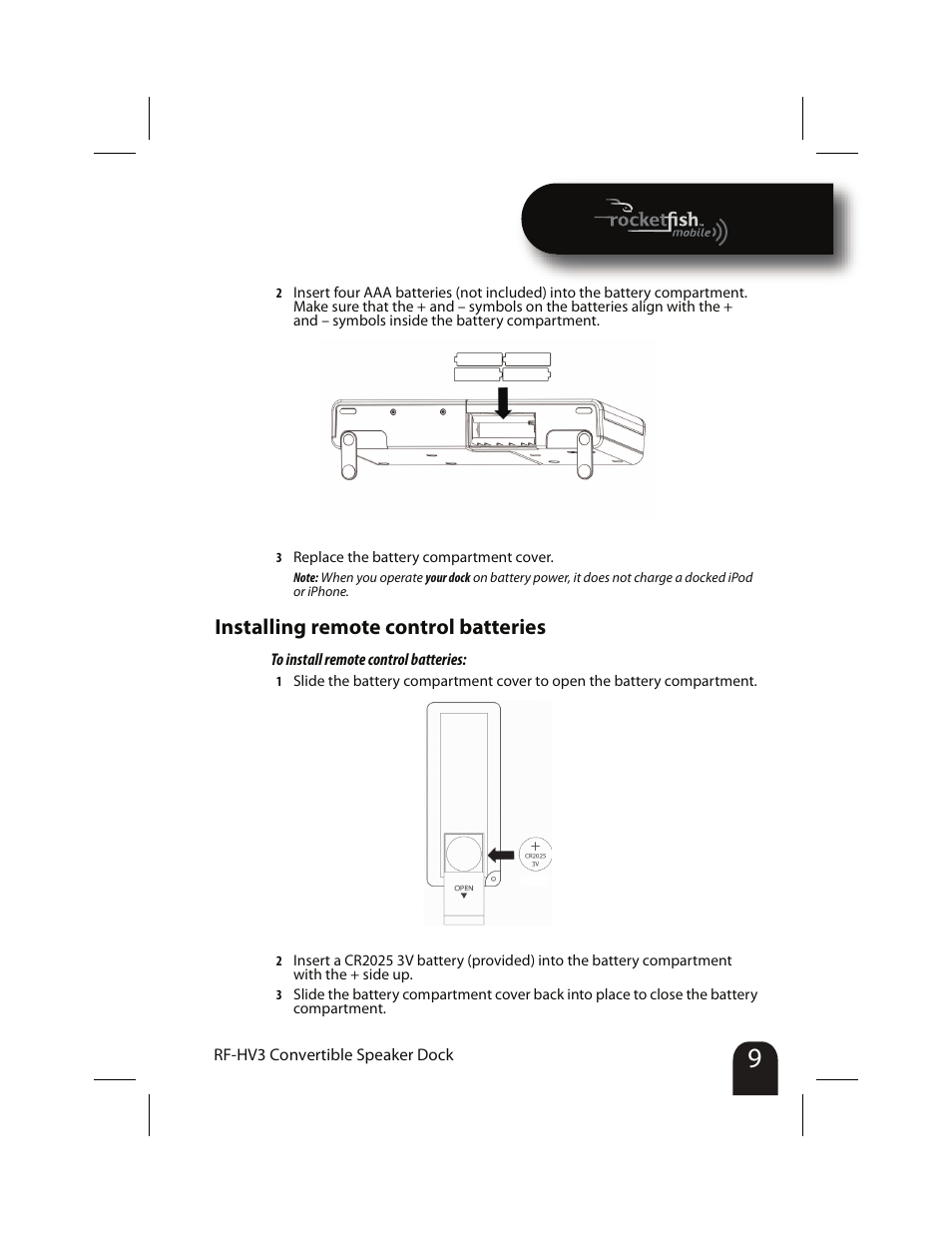 Installing remote control batteries | RocketFish RF-HV3 User Manual | Page 9 / 18