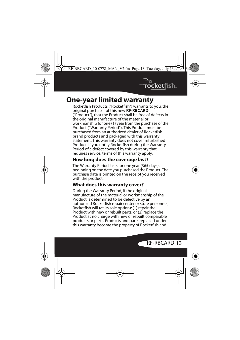 One-year limited warranty | RocketFish RF-RBCARD User Manual | Page 13 / 20