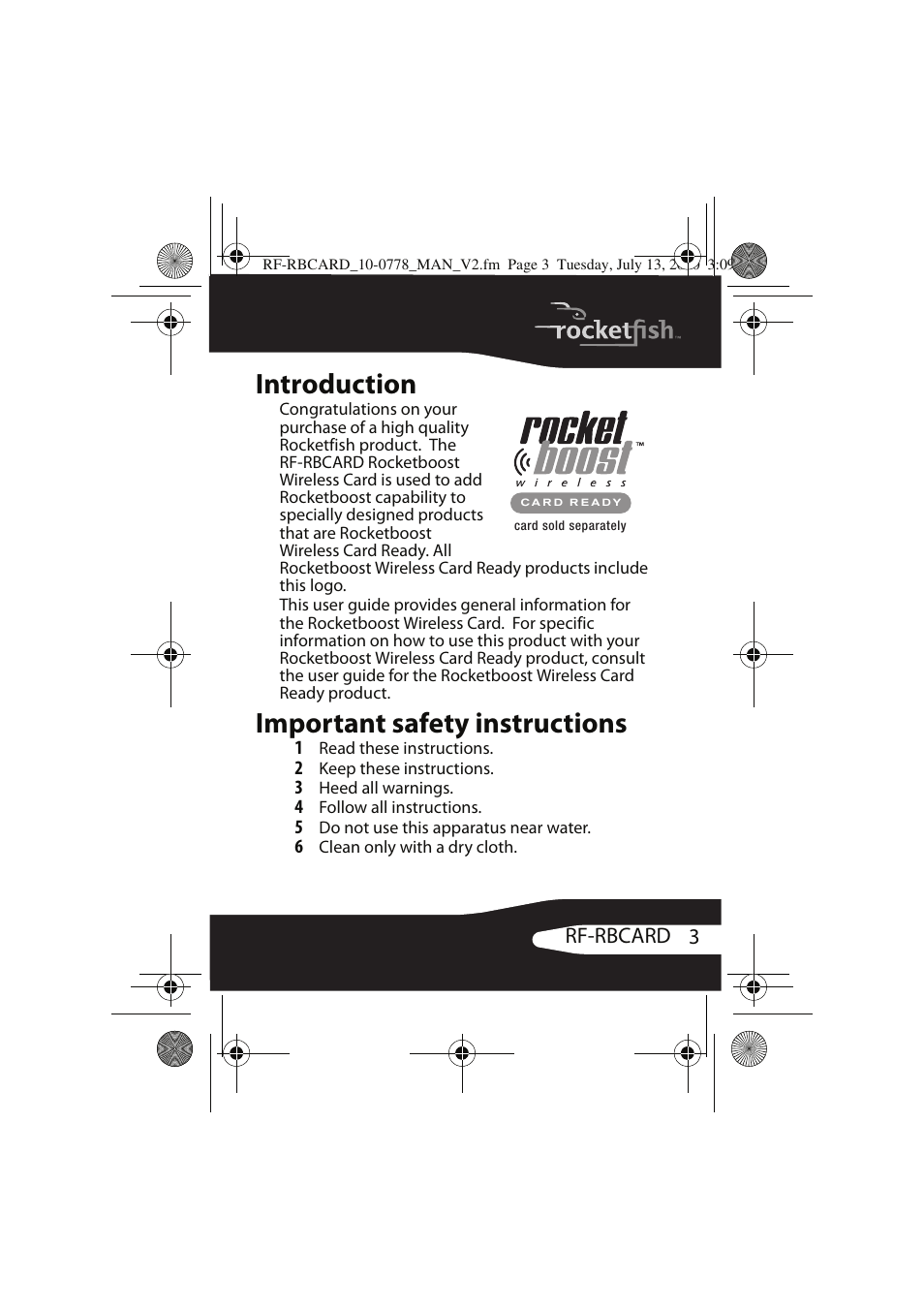 Introduction, Important safety instructions | RocketFish RF-RBCARD User Manual | Page 3 / 20
