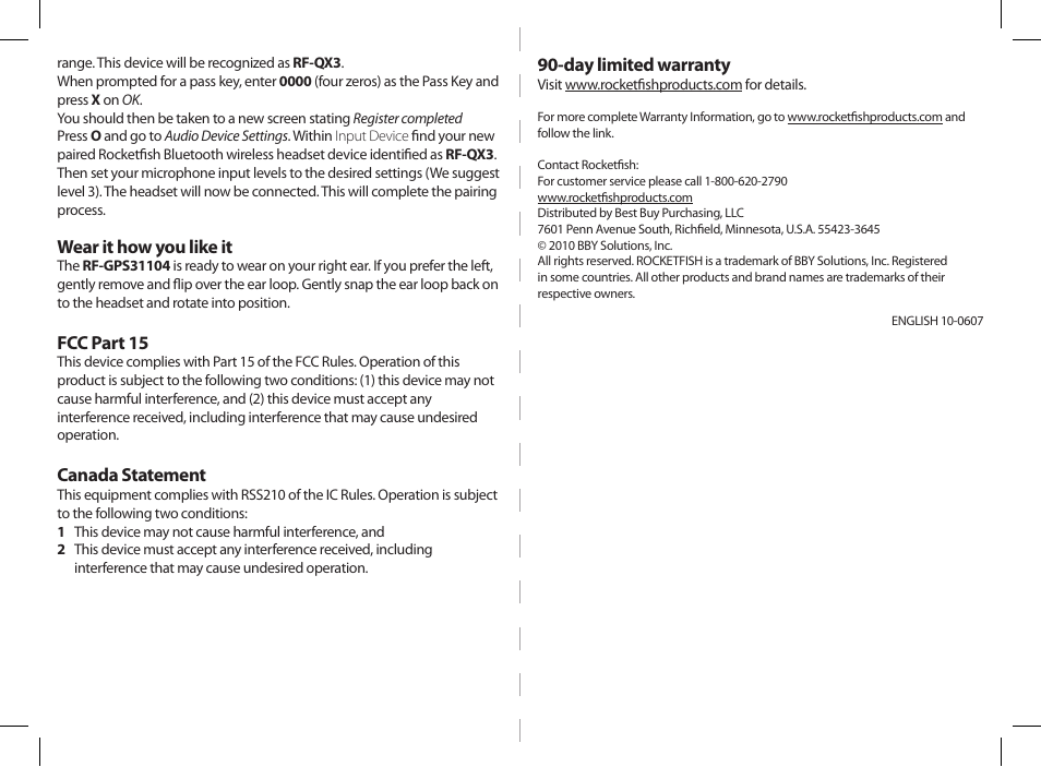Wear it how you like it, Fcc part 15, Canada statement | Day limited warranty | RocketFish RF-GPS31104 User Manual | Page 2 / 2