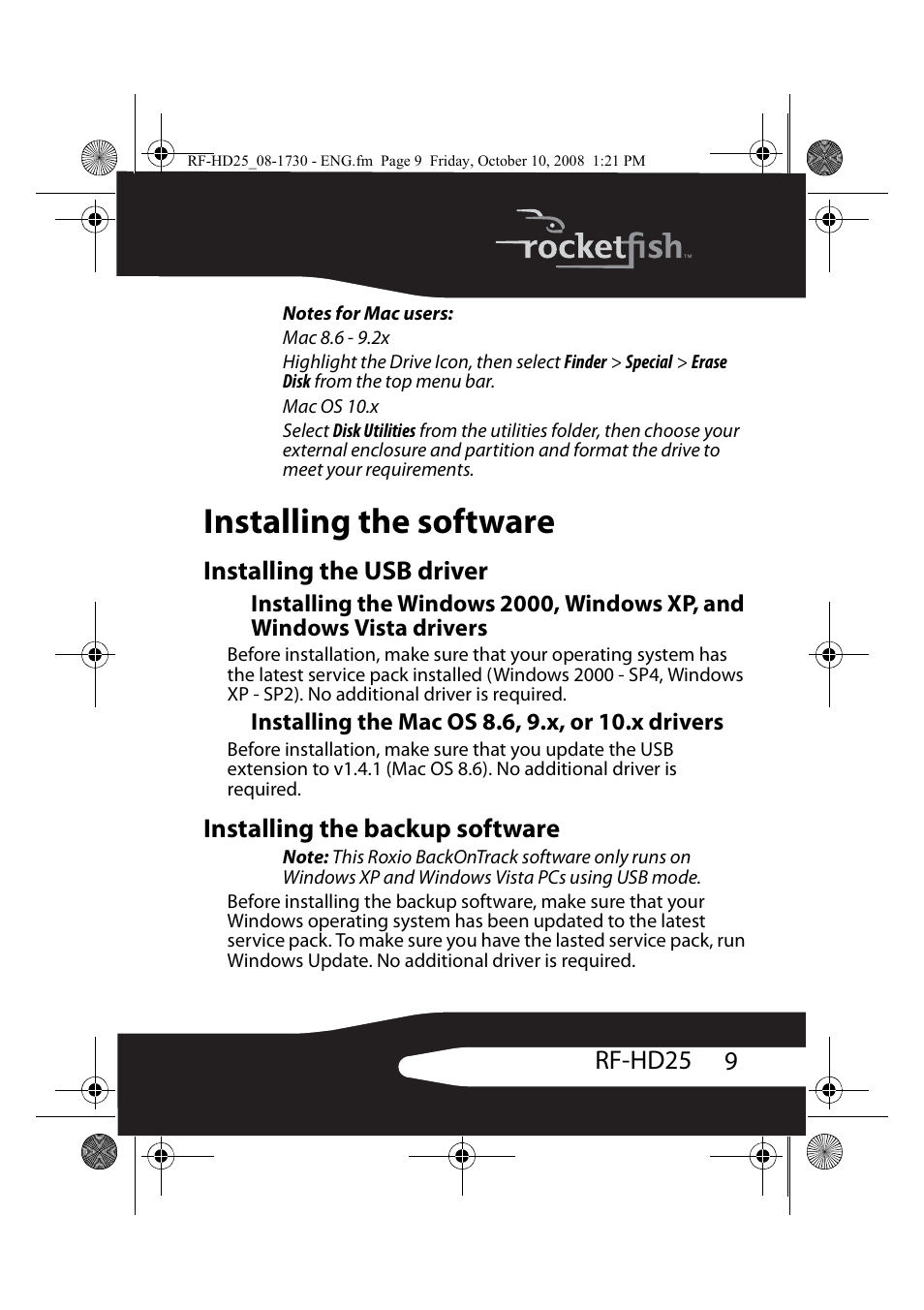Installing the software, Installing the usb driver, Installing the mac os 8.6, 9.x, or 10.x drivers | Installing the backup software, 9rf-hd25 | RocketFish RF-HD25 User Manual | Page 11 / 36