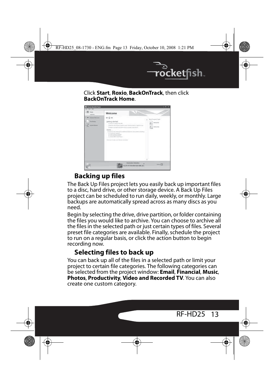Backing up files, Selecting files to back up, 13 rf-hd25 | RocketFish RF-HD25 User Manual | Page 15 / 36