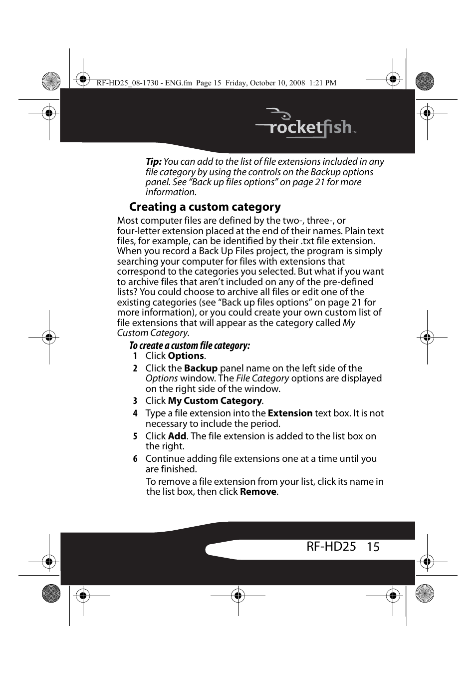 Creating a custom category, 15 rf-hd25 | RocketFish RF-HD25 User Manual | Page 17 / 36