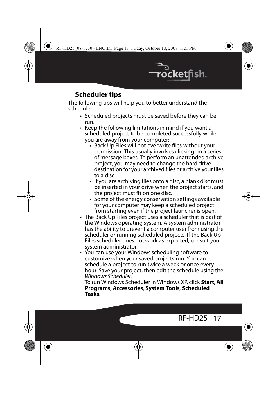 Scheduler tips, 17 rf-hd25 | RocketFish RF-HD25 User Manual | Page 19 / 36
