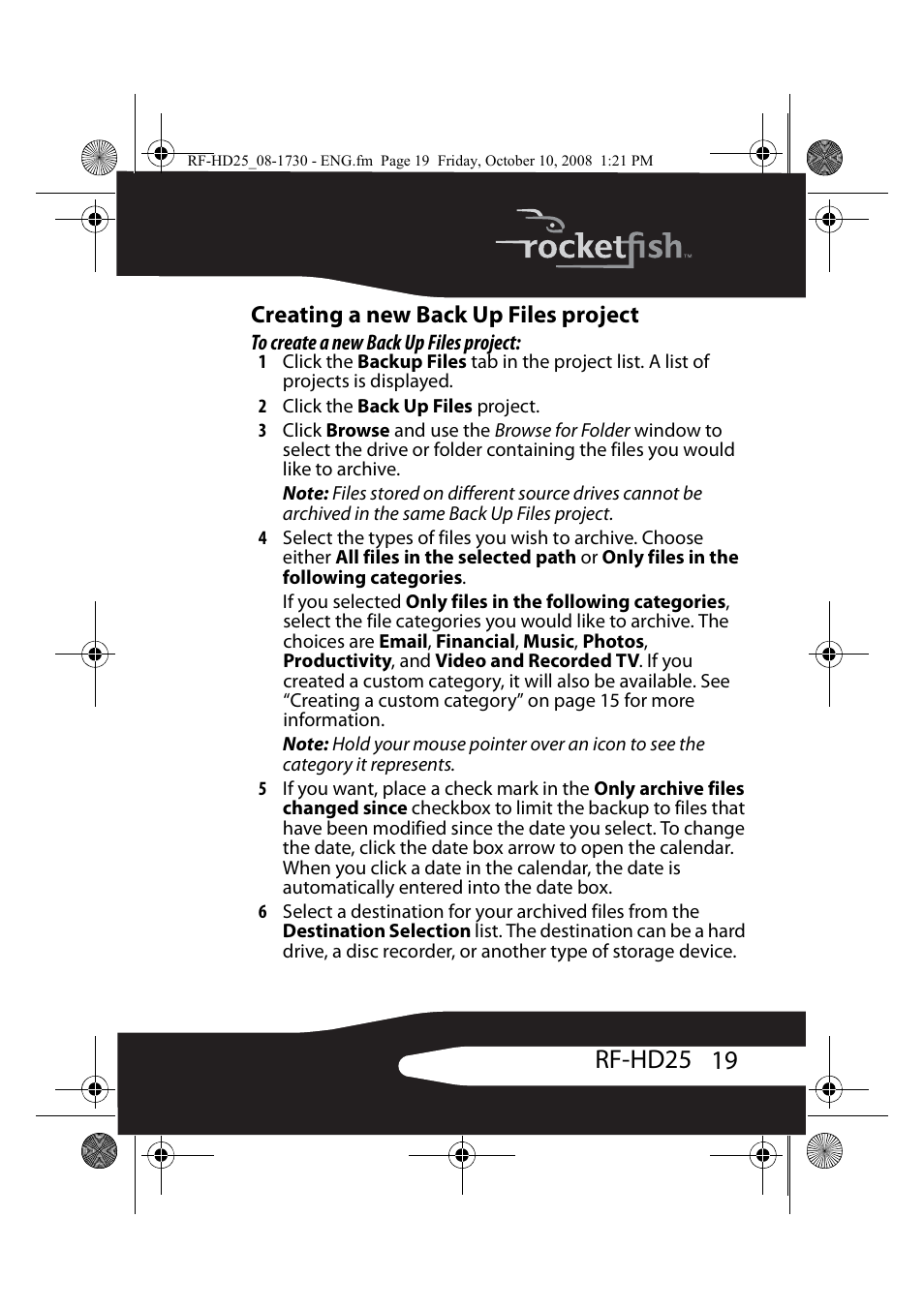 Creating a new back up files project, 19 rf-hd25 | RocketFish RF-HD25 User Manual | Page 21 / 36