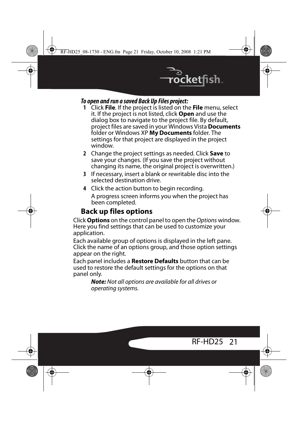 Back up files options, Ge 21, 21 f | 21 rf-hd25 | RocketFish RF-HD25 User Manual | Page 23 / 36