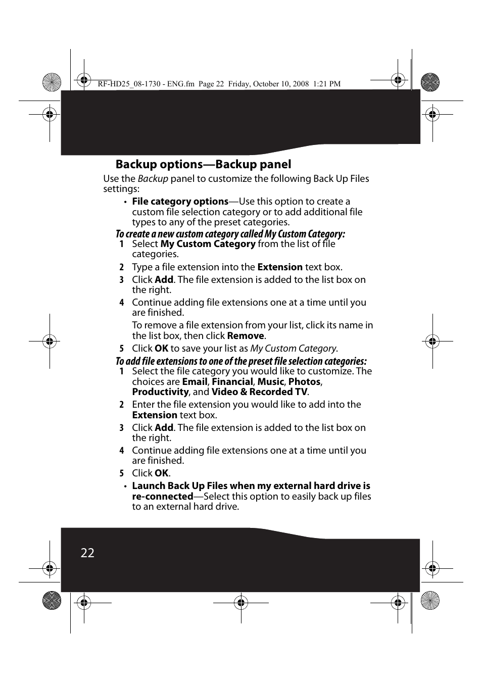 Backup options-backup panel, Backup options—backup panel | RocketFish RF-HD25 User Manual | Page 24 / 36