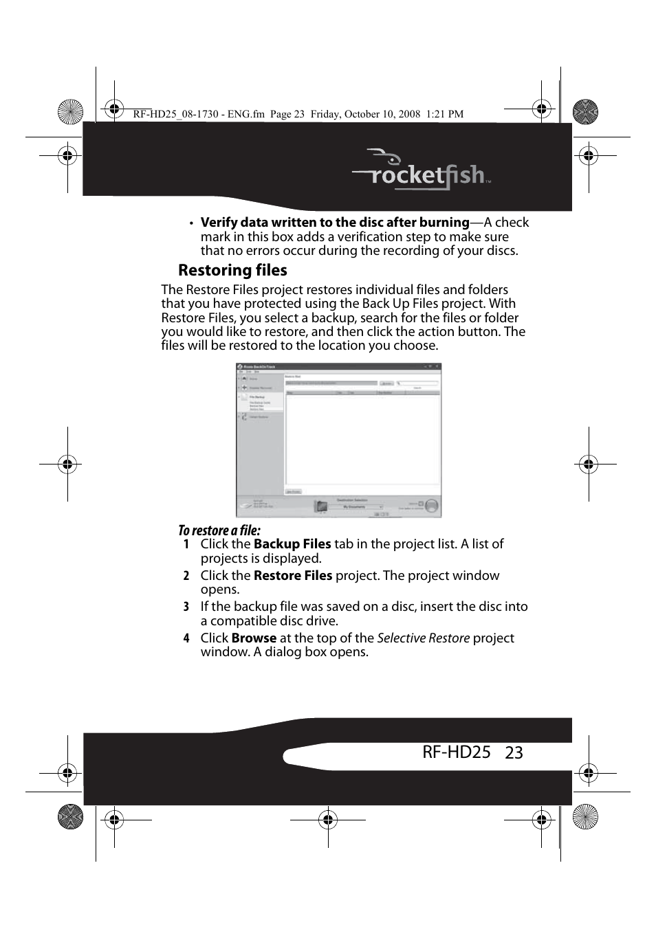 Restoring files, 23 rf-hd25 | RocketFish RF-HD25 User Manual | Page 25 / 36